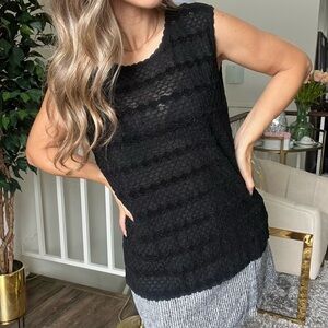 Escada Margaretha Ley Black Sheer Short Sleeve Velvety Top Blouse Scoop Neck L